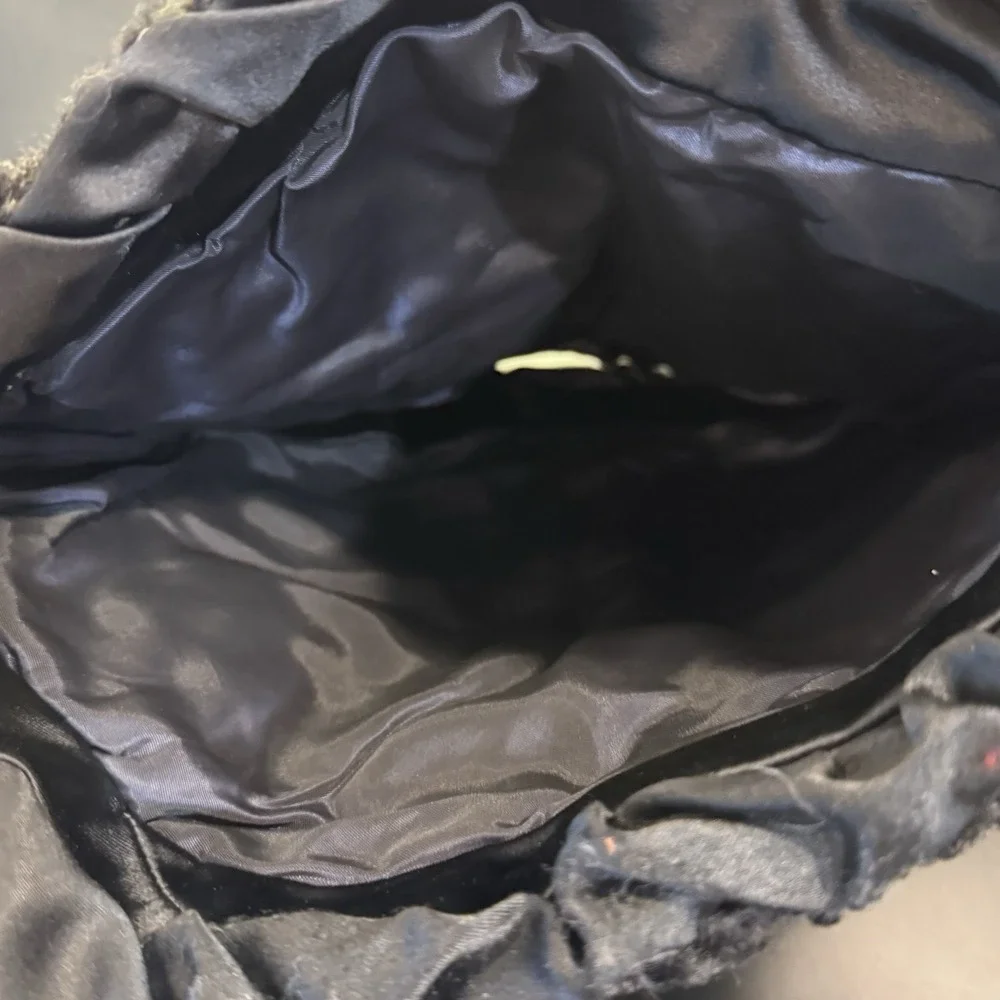 Vintage‎ 1950s Persian Satin Black Lamb Fur Curly Hand Muff with Zipper Pocket